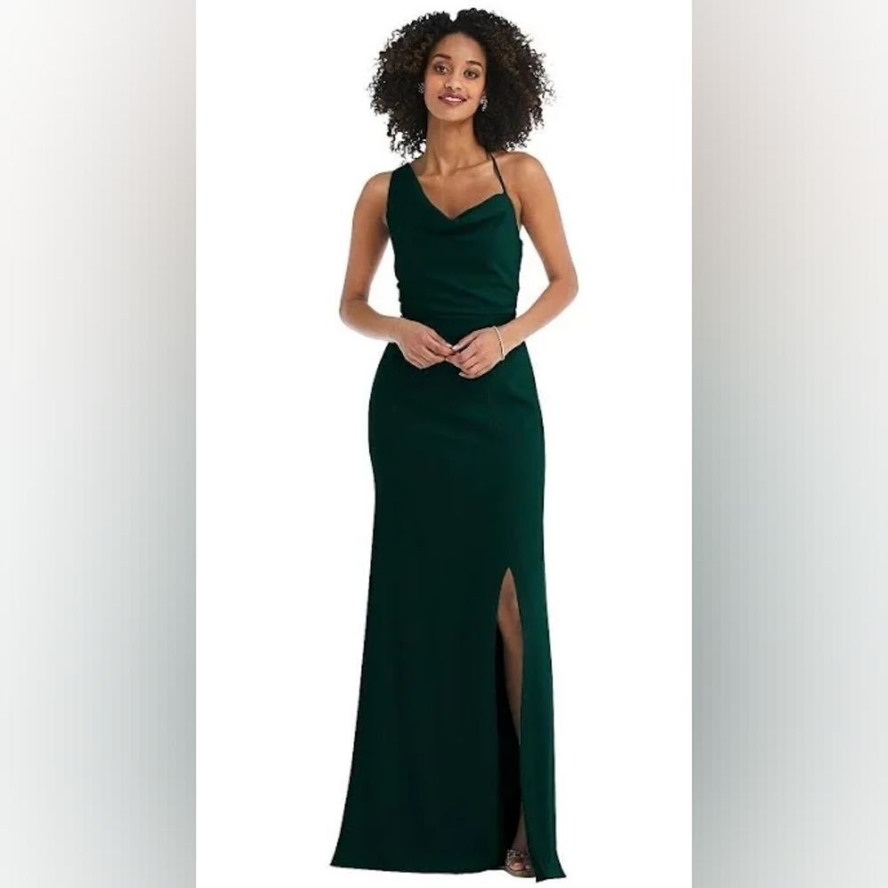 NWT After Six "Evergreen" Crepe One-Shoulder Cowl Maxi Gown | Size 12